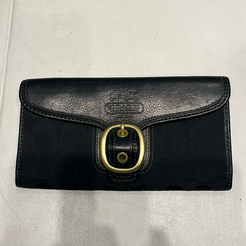 Coach Black Signature and Leather Buckle Wallet